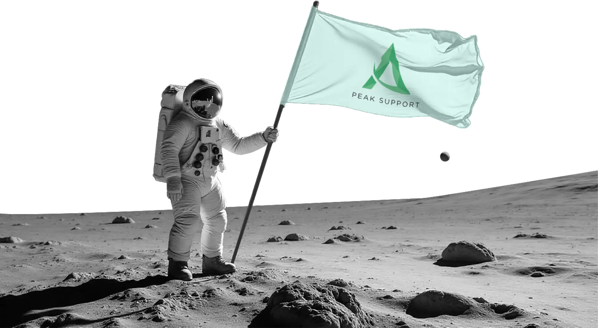 An astronaut plants a Peak Support flag on the moon, symbolizing the company’s bold approach to innovation and leadership in tech and AI solutions for customer experience. Peak Support helps companies scale with people-first CX solutions.