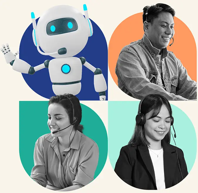 A robot illustration is shown alongside Peak Support agents wearing headsets, symbolizing the integration of AI and human expertise to streamline customer experience and drive business growth. Peak Support combines technology and empathy to elevate customer experience.