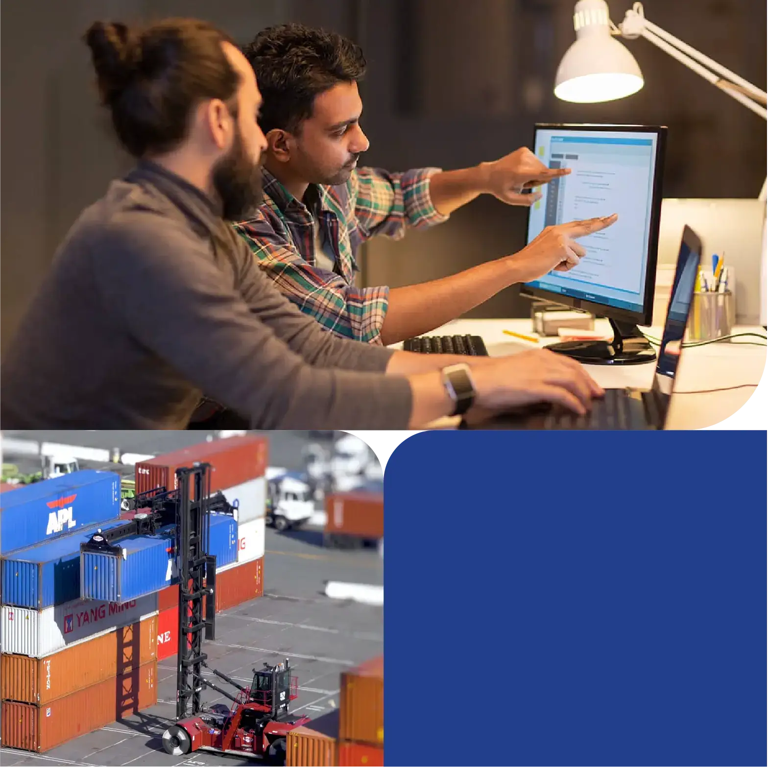 Two technical specialists are pictured collaborating at a computer, paired with an image of shipping containers, representing how Peak Support built scalable Tier 1 and Tier 2 tech support for a logistics company. Peak Support provides trusted, data-driven outsourcing services.