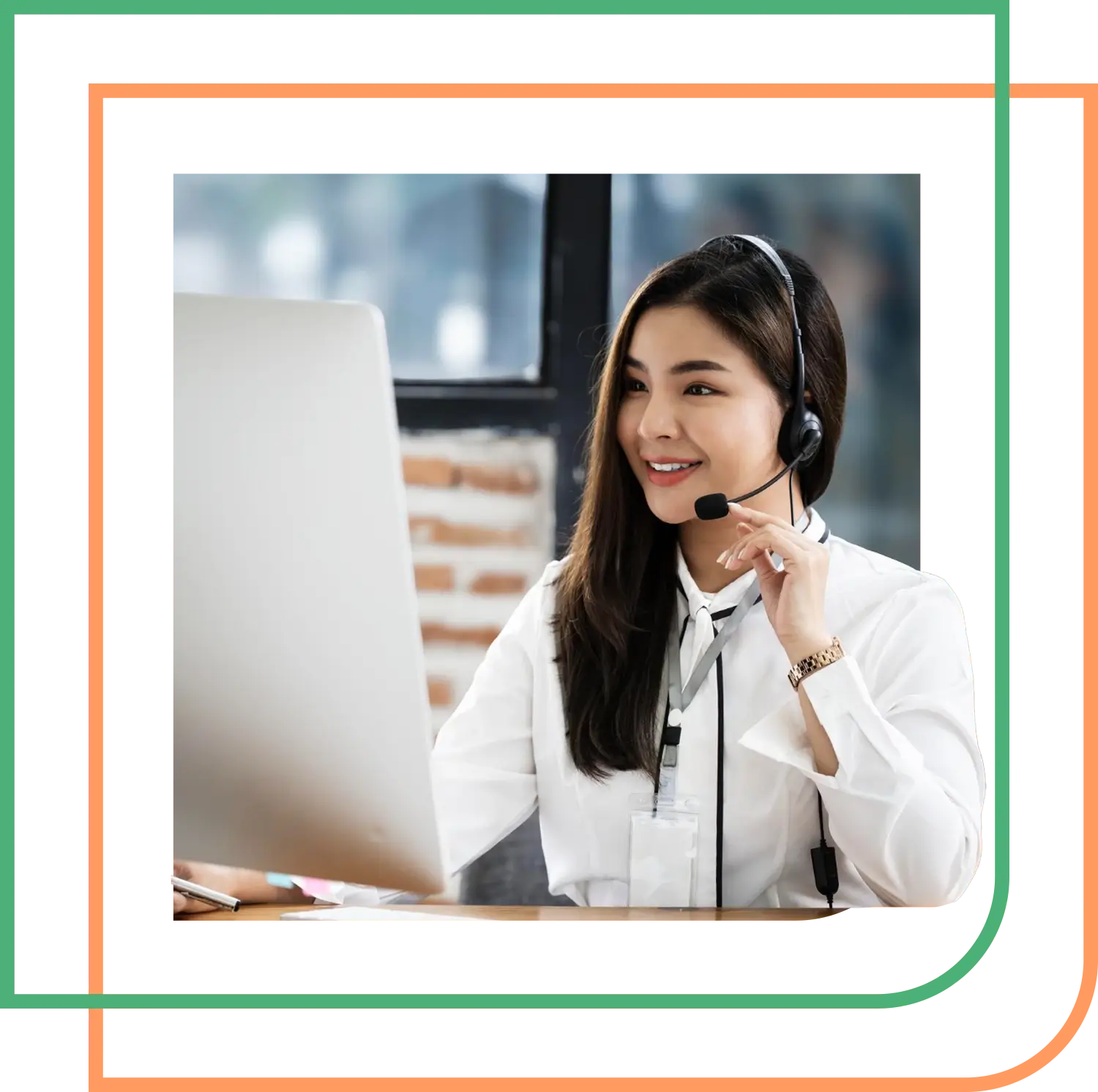 A Peak Support technical support agent wearing a headset is pictured smiling while assisting a customer on her computer, reflecting the company’s expertise in resolving issues with empathy and efficiency. Peak Support provides trusted, data-driven outsourcing services.