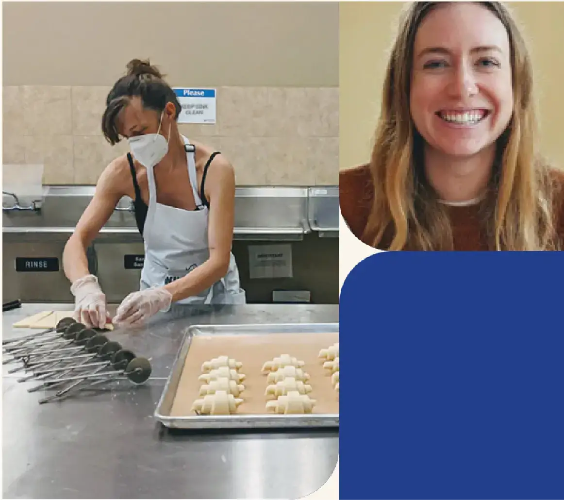 A Wildgrain team member prepares baked goods in a kitchen, paired with a smiling portrait, representing how the e-commerce brand partnered with Peak Support to scale customer service and achieve a 97% CSAT score. Peak Support is a customer experience partner dedicated to your growth.