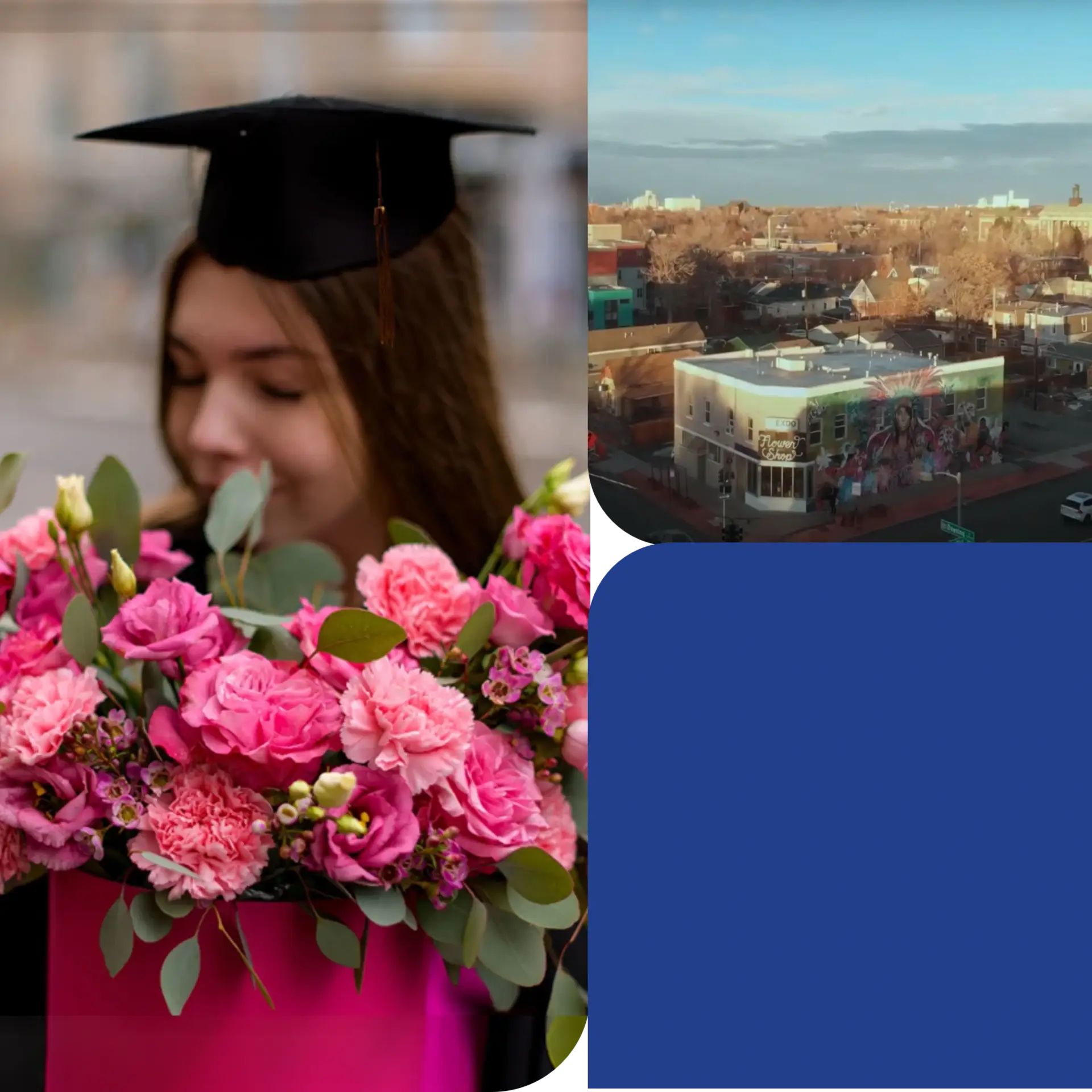 A graduate holds a vibrant bouquet of pink flowers, symbolizing BloomNation’s growth supported by Peak Support’s back office services like design, data entry, and onboarding. Peak Support is a customer experience partner dedicated to your growth.