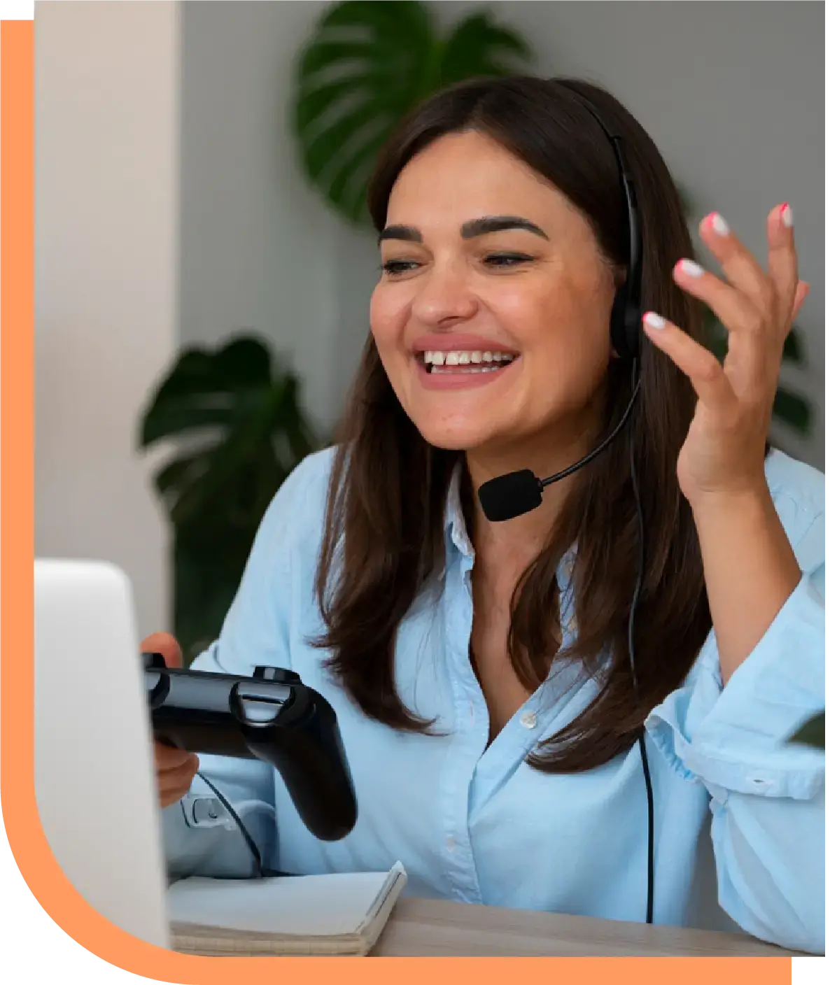 Smiling woman with headset holding a game controller, highlighting Peak Support’s customer service expertise for gaming and esports companies to boost player retention and loyalty.