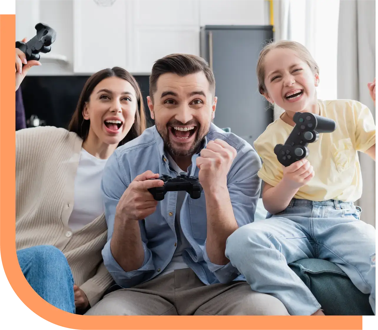 A family smiling and playing video games together with controllers, representing Peak Support’s gaming industry outsourcing services that scale with business growth and enhance the player experience.