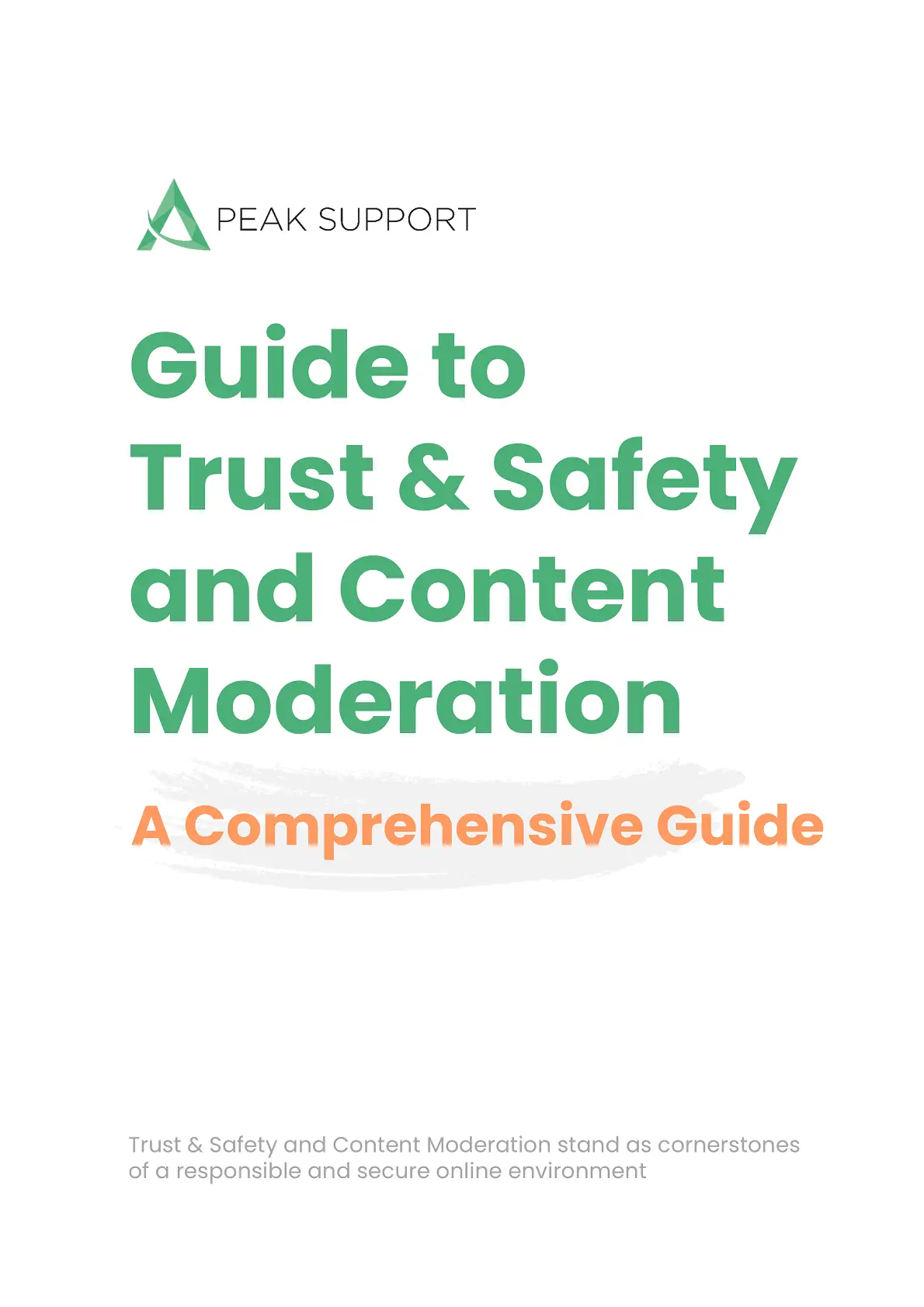Peak Support ebook promotion for the "Guide to Trust & Safety and Content Moderation," highlighting a comprehensive step-by-step resource for building teams that keep gaming communities safe, secure, and fraud-free.