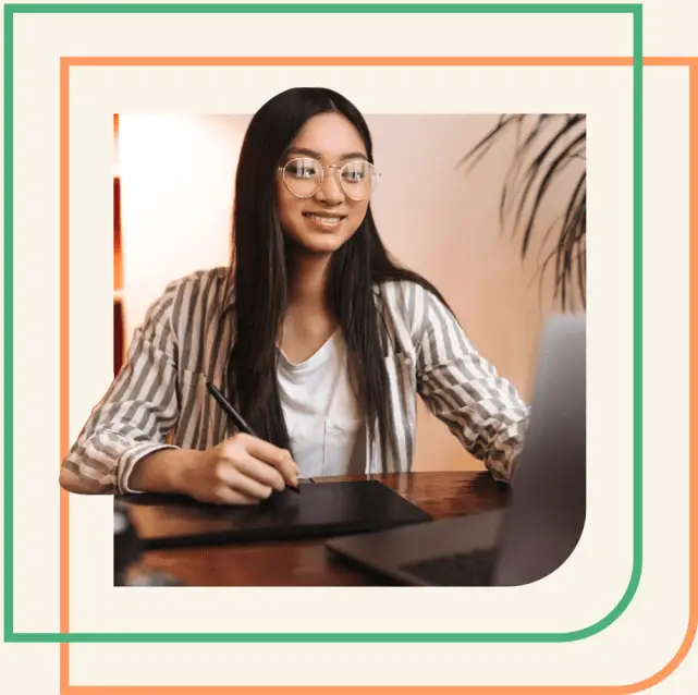 A Peak Support sales and marketing specialist is pictured working at her desk with a tablet, representing the company’s ability to handle repetitive tasks so client teams can focus on growth. Peak Support empowers businesses with world-class customer care.